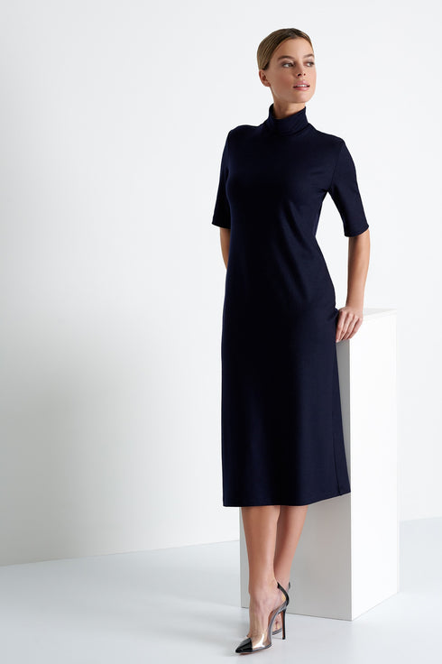 Shan Margot Short sleeve mock neck midi WOOL dress
