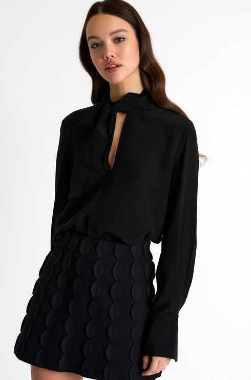 Bow-Tie Neck Silk Blouse - 52351-62-800 02 / 800 Caviar / 100% SILK