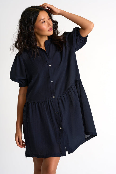Elegant Puffy Sleeves Dress - 52439-66-550 2 / 550 Navy / 80% LYOCELL 20% POLYESTER
