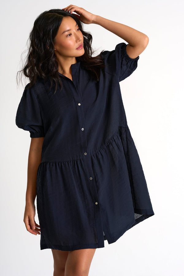 Elegant Puffy Sleeves Dress - 52439-66-550 2 / 550 Navy / 80% LYOCELL 20% POLYESTER
