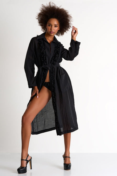 Long Kimono With Fringe Details - 52439-86-800 2 / 800 Caviar / 80% LYOCELL 20% POLYESTER