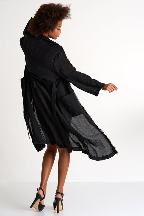 Long Kimono With Fringe Details - 52439-86-800 2 / 800 Caviar / 80% LYOCELL 20% POLYESTER