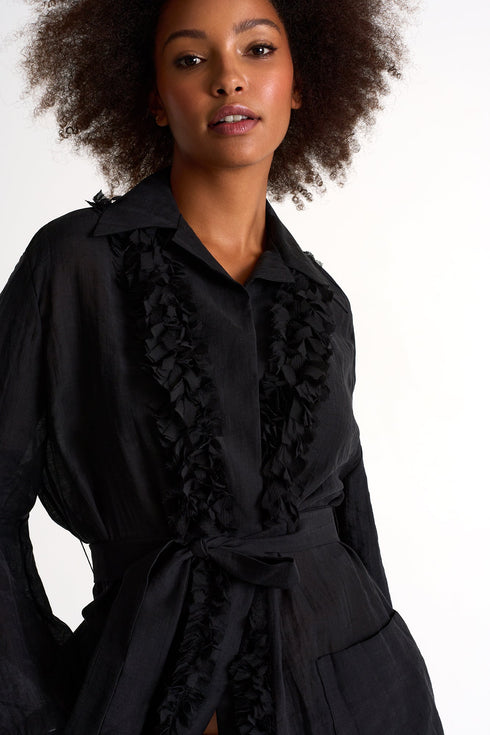 Long Kimono With Fringe Details - 52439-86-800 2 / 800 Caviar / 80% LYOCELL 20% POLYESTER