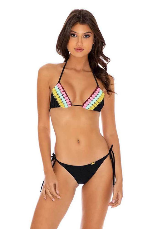 Luli Fama Night Lights POMPOM TRIM RUCHED BRAZILIAN TIE SIDE BOTTOM