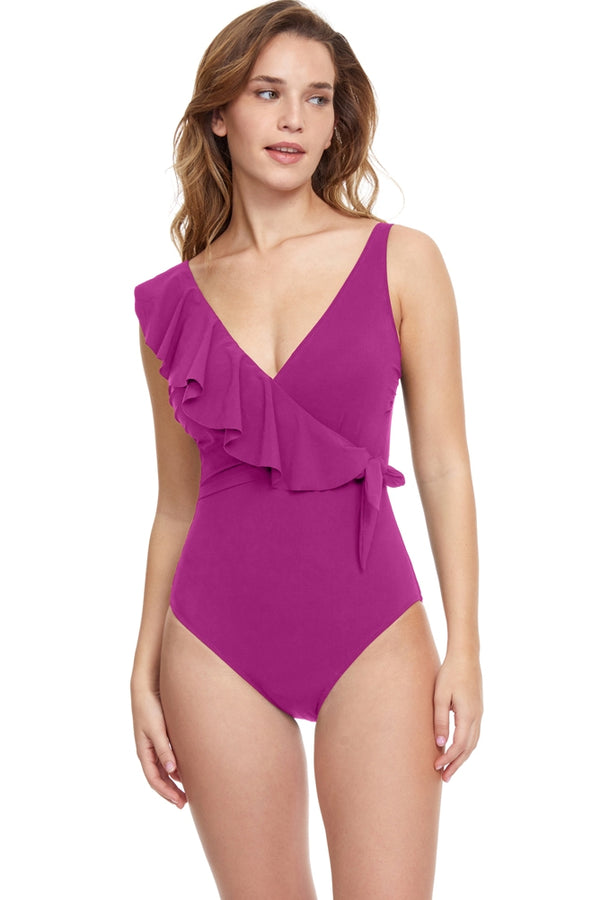 Gottex Tutti Frutti V-neck Surplice Ruffle One Piece Swimsuit