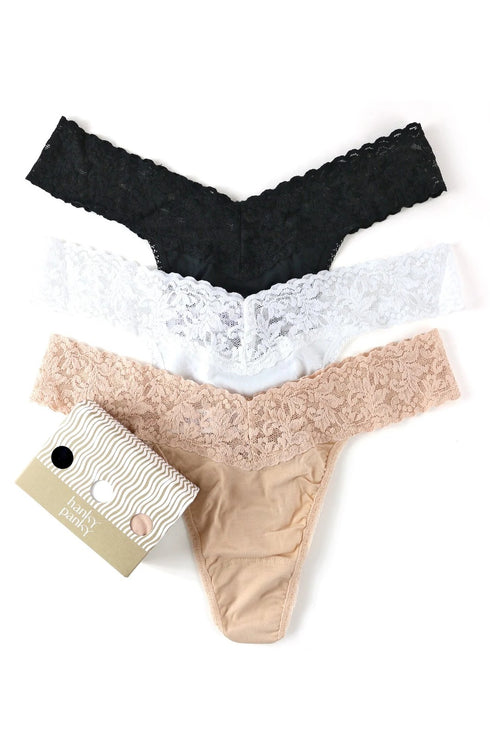 Hanky Panky 3 Pack SUPIMA® Cotton Original Rise Thongs with Lace