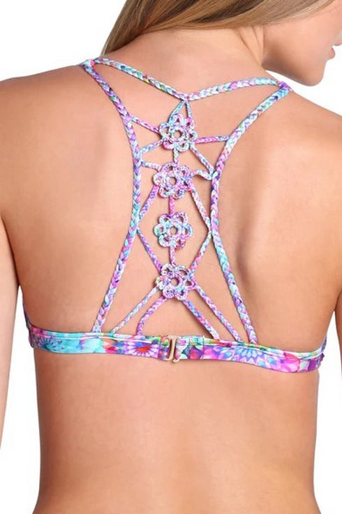 Luli Fama Sol Brillante Hand Knit Crochet Flowers Back Bra Top