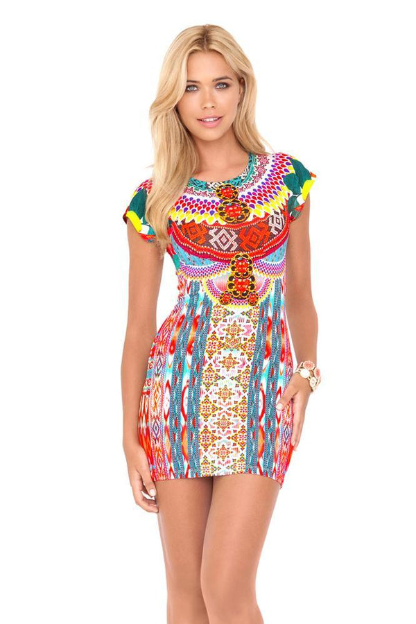 Luli Fama Chasing Waterfalls Short Sleeve Body-Con Dress