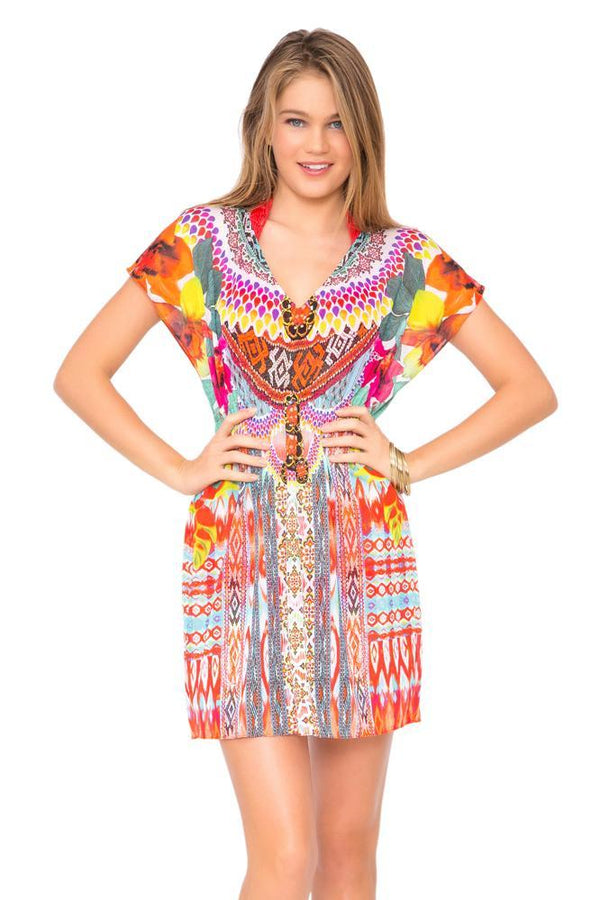 Luli Fama Chasing Waterfalls Cap Sleeve Short Caftan