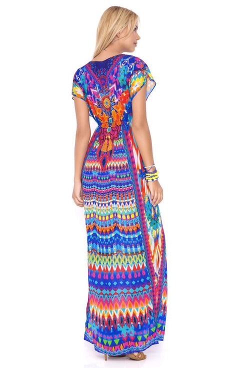 Luli Fama Tribal Beach Cap Sleeve Long Caftan