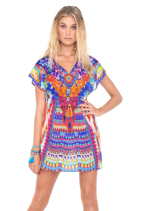 Luli Fama Tribal Beach Cap Sleeve Short Caftan