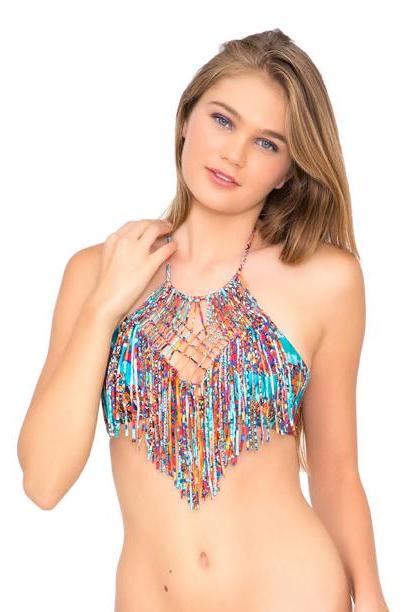 Luli Fama Wild & Free Weave Fringed Halter Top