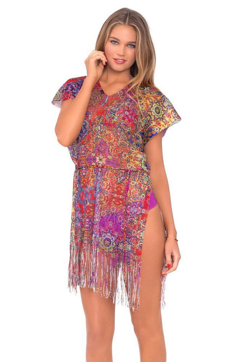Luli Fama Gipsy Soul Mesh Fringe Poncho Dress