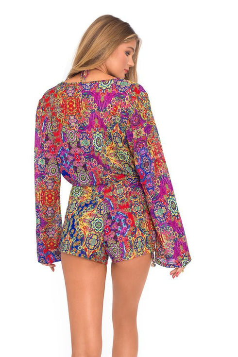 Luli Fama Gipsy Soul Wrap Front Long Sleeve Romper