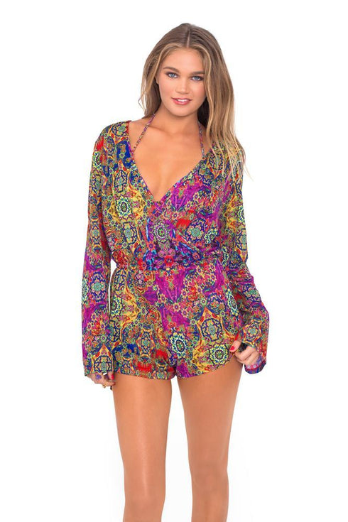 Luli Fama Gipsy Soul Wrap Front Long Sleeve Romper