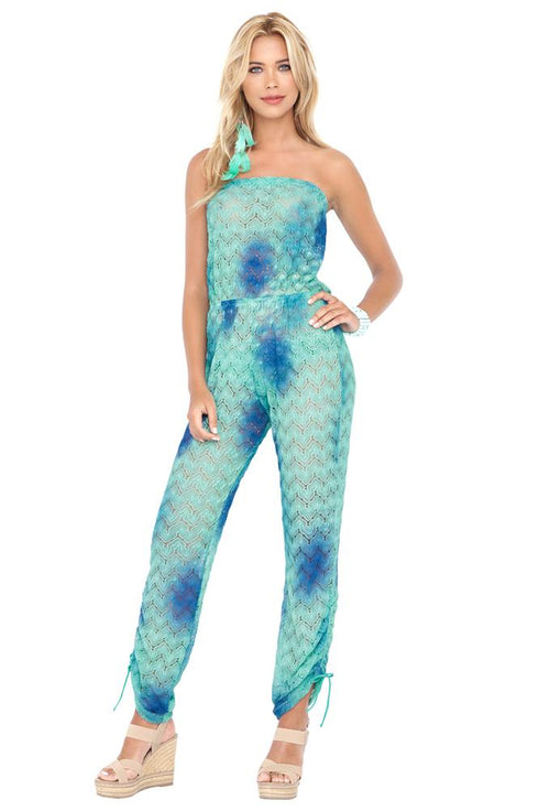 Luli Fama Siete Mares Crochet Strapless Jumpsuit