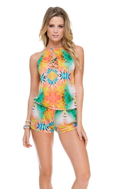 Luli Fama Sol Multicolor Crossed Multi Strings Halter Romper
