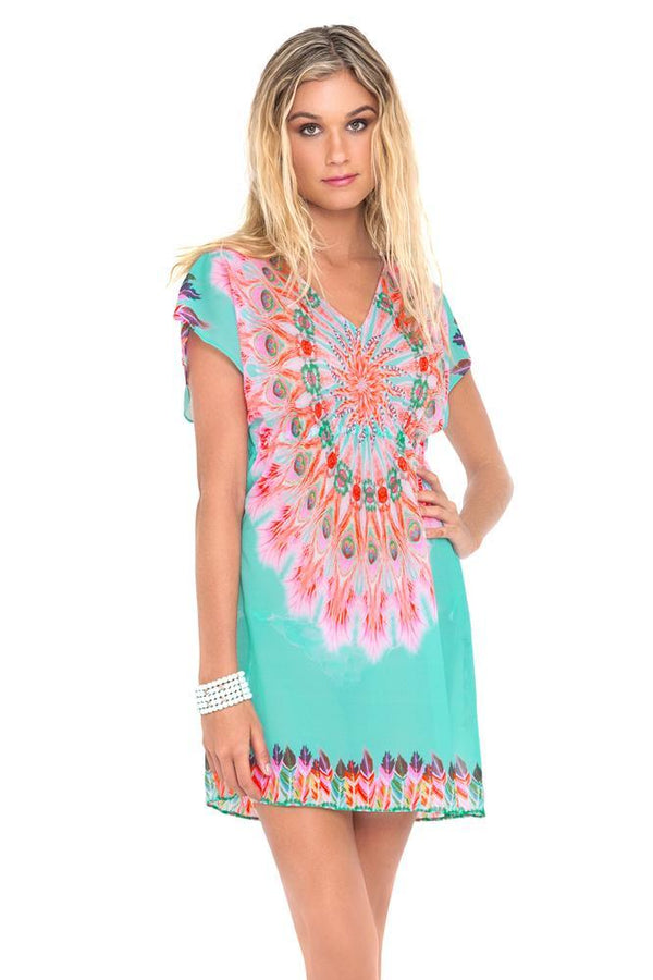 Luli Fama Dream Catcher Cap Sleeve Short Caftan