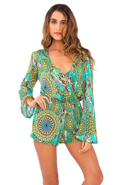 Luli Fama Moon Princess Wrap Front Long Sleeve Romper
