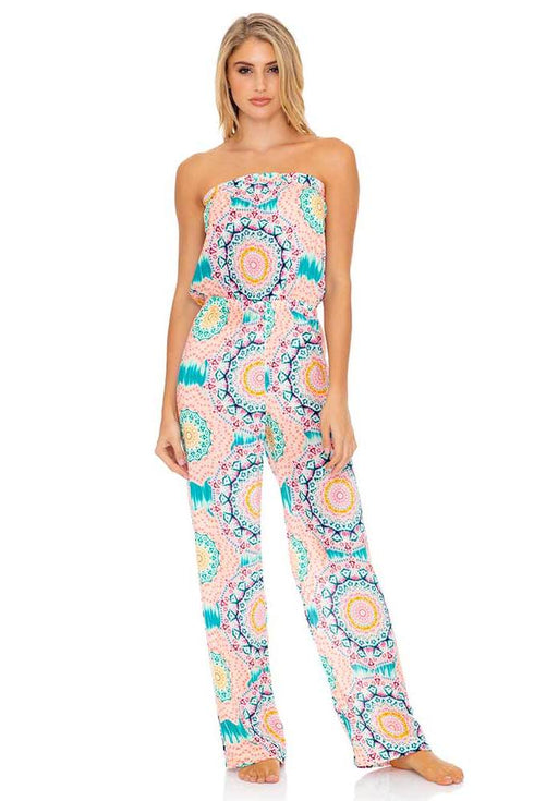 Luli Fama Caribbean Kisses Strapless Ruffle Jumpsuit