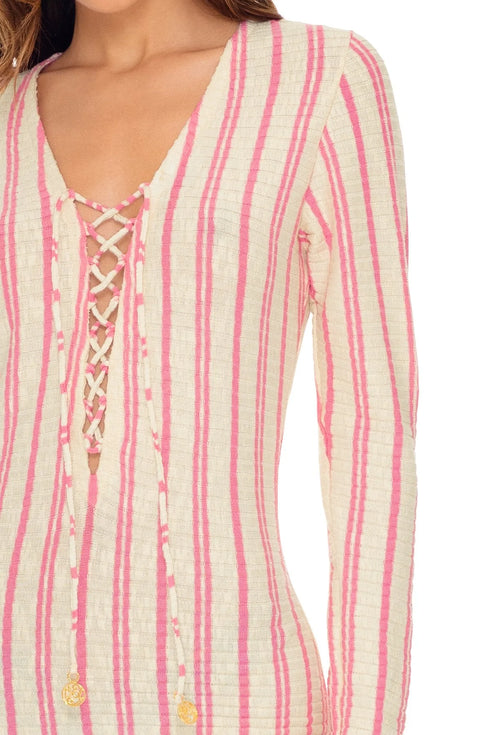 Luli Fama Champagne Pop Deep V Laced Up Short Dress