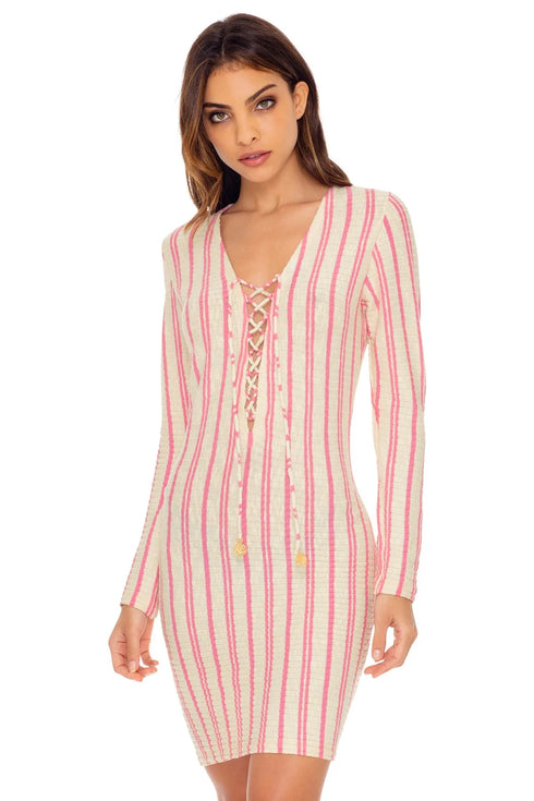 Luli Fama Champagne Pop Deep V Laced Up Short Dress