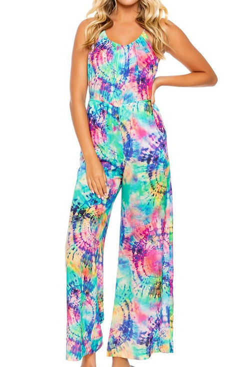 Luli Fama Celestial Dreams Drawstring Neckline Wide Leg Jumpsuit
