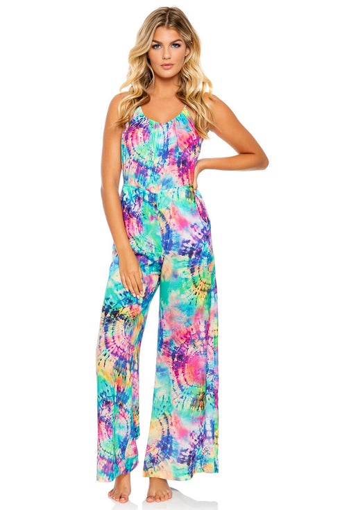 Luli Fama Celestial Dreams Drawstring Neckline Wide Leg Jumpsuit
