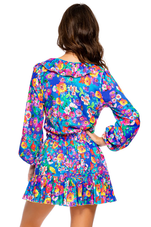 Luli Fama Water Blossoms Ruffled Deep V Frill Hem Dress