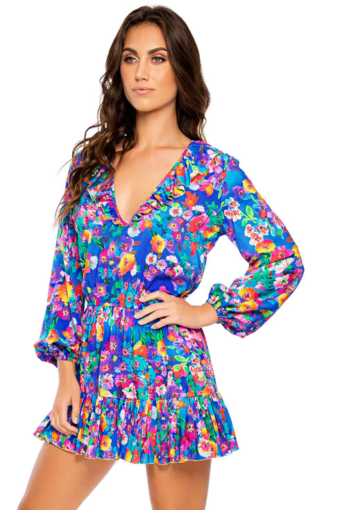Luli Fama Water Blossoms Ruffled Deep V Frill Hem Dress