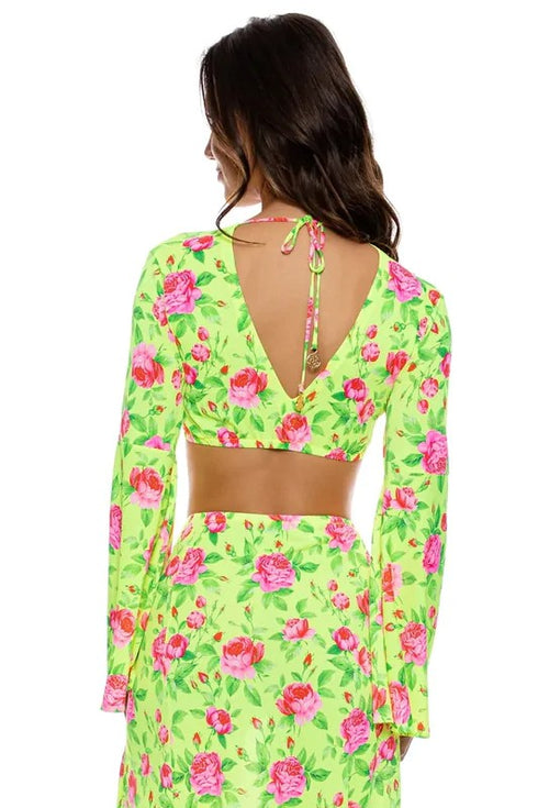 Luli Fama Ti Amo Ruffle Bell Sleeve Crop Top