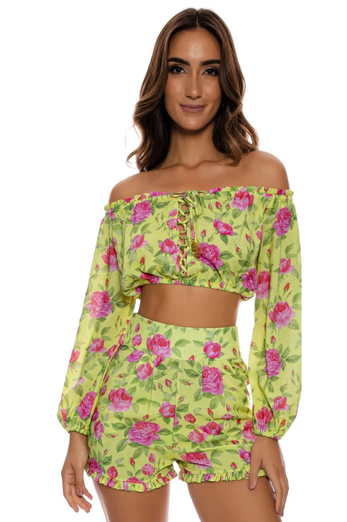 Luli Fama Ti Amo Ruffle Laced Up Open Shoulders Crop Top