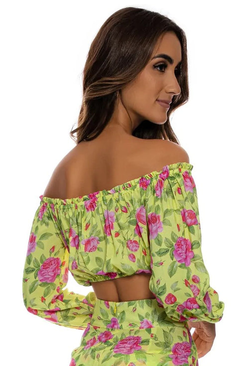 Luli Fama Ti Amo Ruffle Laced Up Open Shoulders Crop Top