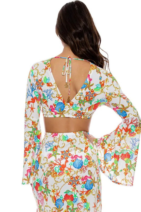 Luli Fama Il Mare Bell Sleeve Crop Top