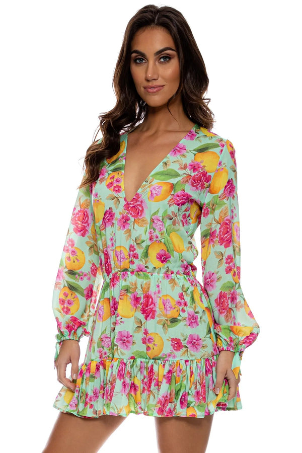 Luli Fama Limoncello Deep V Frill Hem Dress