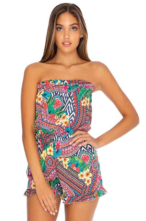 Luli Fama Luli Tribe STRAPLESS RUFFLE ROMPER