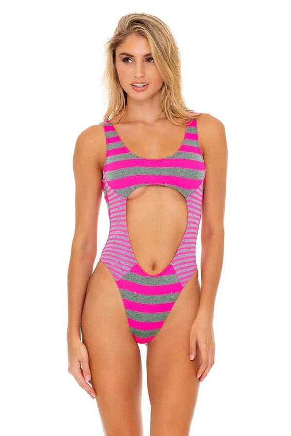 Luli Fama Time To Fiesta NEON PINK TANK OPEN ONE PIECE BODYSUIT