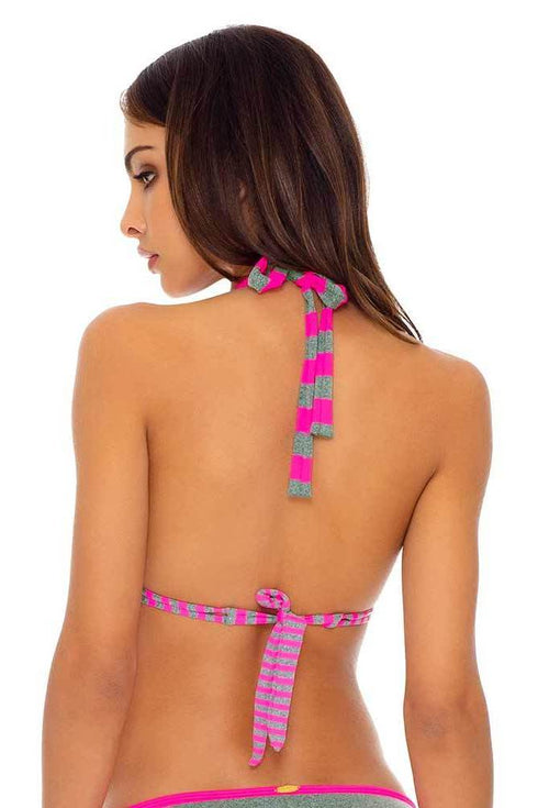 Luli Fama Time To Fiesta NEON PINK TRIANGLE HALTER TOP