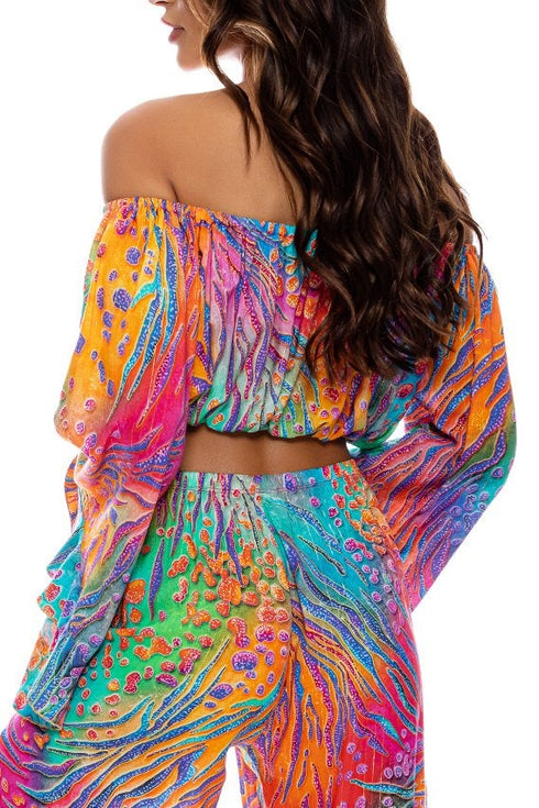 Luli Fama Wild Waters OFF THE SHOULDER RUFFLE CROP TOP