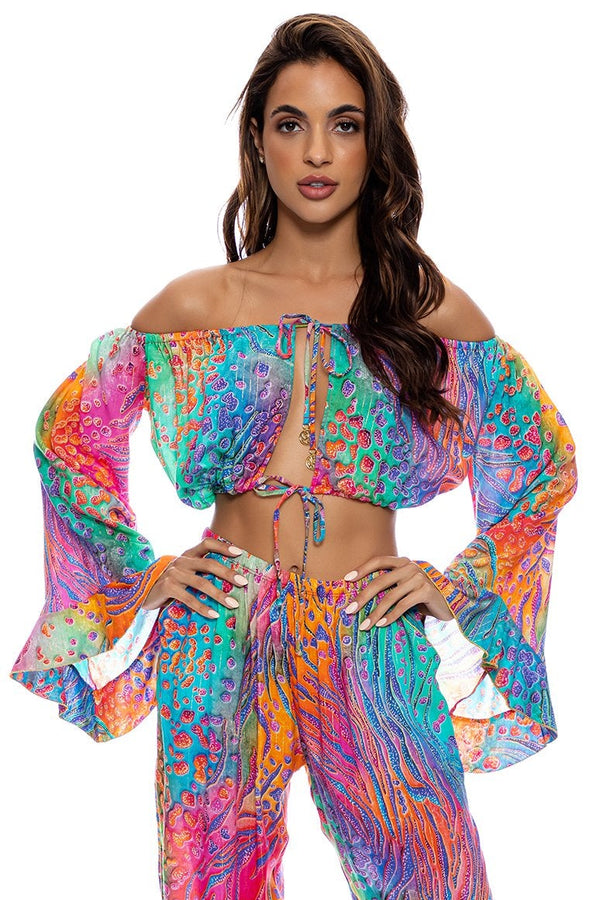 Luli Fama Wild Waters OFF THE SHOULDER RUFFLE CROP TOP